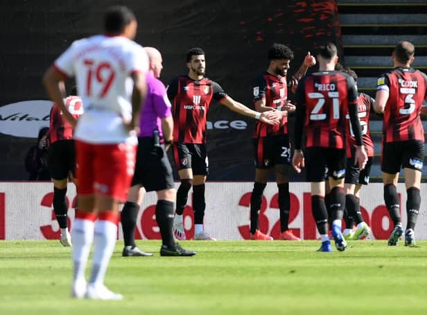 Philip Billing of AFC Bournemouth celebrates with Dominic Solanke and team-mates after scoring his side's first goal against Middlesbrough.