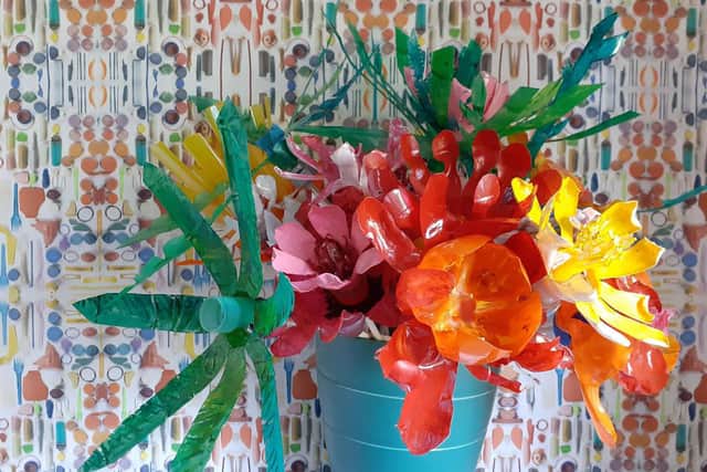 Flowers made by Diane Watson from plastic beach waste. Photo: Diane Watson.