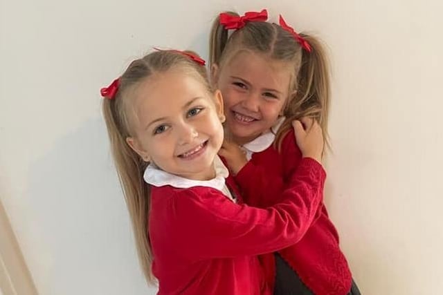 Back to school in Hartlepool. Hattie and Violet take a sweet picture before school starts.