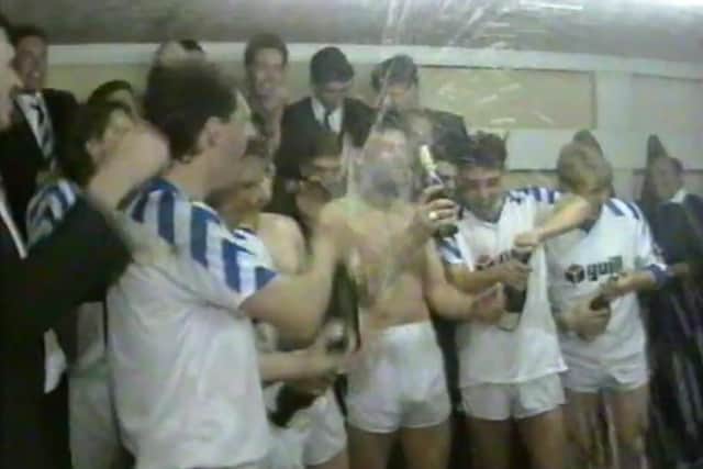 Hartlepool United players celebrate their 1991 promotion from division four.