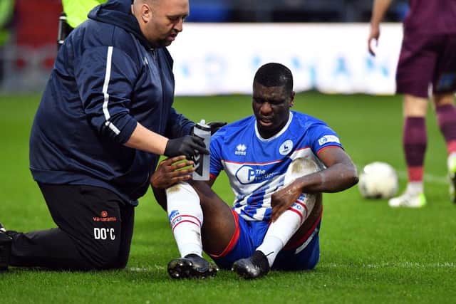 Hartlepool United striker Josh Umerah was injured during the Oldham Athletic match. Picture by FRANK REID.