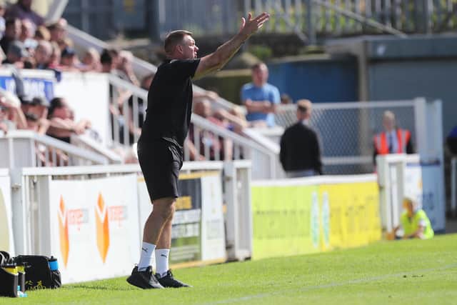 Hartlepool United manager Dave Challinor during the Sky Bet League 2 match between Hartlepool United and Carlisle United at Victoria Park, Hartlepool on Saturday 28th August 2021. (Credit: Mark Fletcher | MI News)