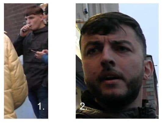 The two males Cleveland Police wish to trace in connection with "alleged disorder" at Hartlepool United's match with Bradford City.