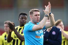 AFC Fylde manager Dave Challinor applauds the fans during the Vanarama National League match between Salford City and AFC Fylde at Moor Lane on April 22, 2019 in Salford, England. (Photo by Jan Kruger/Getty Images)