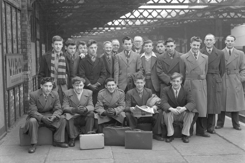 West Boys gather at Hartlepool railway station. Date not known.