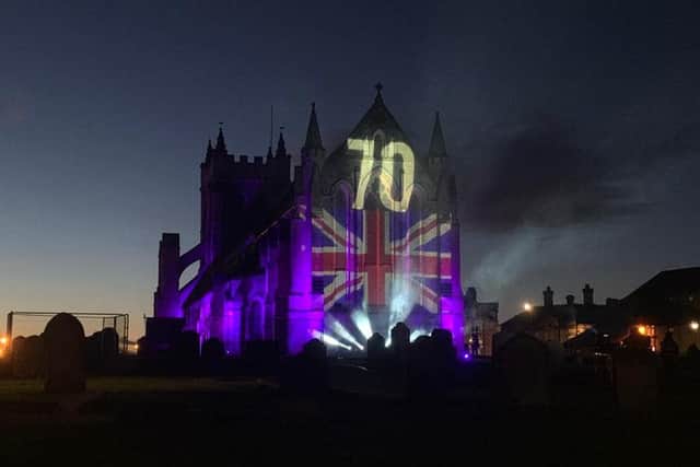 St Hilda's Church bathed in red, white and blue to mark the Queen's Platinum Jubilee.