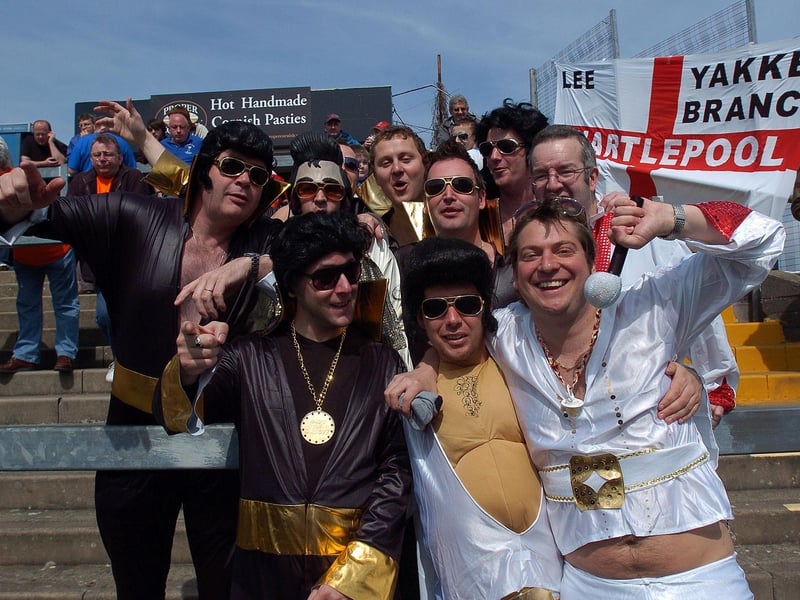 Pools fans dress up as Elvis Presley for the fancy dress exodus to Bristol Rovers in 2009.