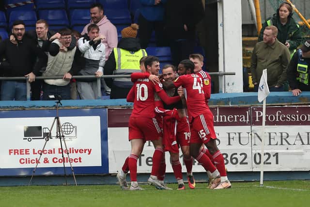 Crawley Town celebrate after Dom Telford's second goal of the game against Hartlepool United. (Photo: Mark Fletcher | MI News)