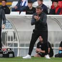 Hartlepool United manager Dave Challinor during the Sky Bet League 2 match between Hartlepool United and Exeter City at Victoria Park, Hartlepool on Saturday 25th September 2021. (Credit: Mark Fletcher | MI News)