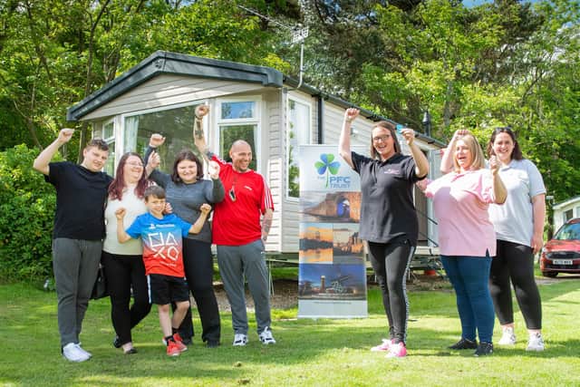 Young carers with Hartlepool Carers CEO Christine Fewster (third from right) at Parkdean Resort’s Cresswell Towers in Northumberland. Picture courtesy of Parkdean Resorts.
