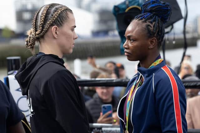 Savannah Marshall and Claressa Shields during a Boxxer media workout on a boat on the River Thames. Photo by Eddie Keogh/Getty Images