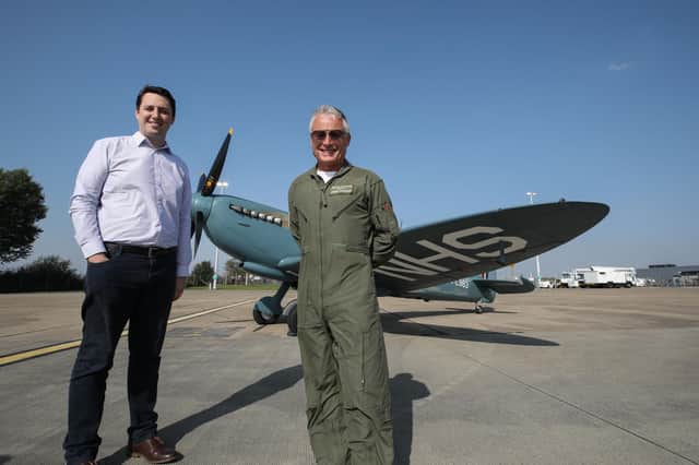Tees Valley Mayor Ben Houchen and Spitfire pilot John Romain at Teesside Airport. Copyright Dave Charnley Photography Ltd.