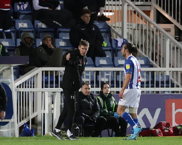 Hartlepool United caretaker manager Tony Sweeney and Jamie Sterry   during the Sky Bet League 2 match between Hartlepool United and Forest Green Rovers at Victoria Park, Hartlepool on Saturday 20th November 2021. (Credit: Mark Fletcher | MI News)