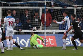 Barrow's Ged Garner scores to give the away side the lead at Hartlepool United's Suit Direct Stadium on April 29.