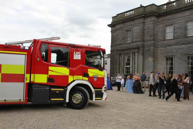The fire engine arriving at Wynyard Hall for the Dyke House Academy prom.