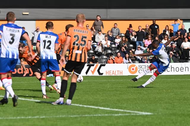Josh Umerah scored his first goal of the season for Hartlepool United in the 3-2 defeat at Barnet. Picture by FRANK REID