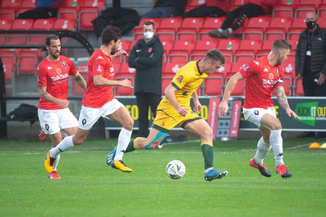 Rhys Oates of Hartlepool Utd FC  tries a run through the Salford defenceduring the FA Cup match between Salford City and Hartlepool United at Moor Lane, Salford on Saturday 7th November 2020. (Credit: Ian Charles | MI News)