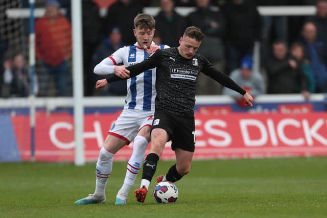 Barrow's Tom White in action with Tom Crawford of Hartlepool United during the Sky Bet League 2 match in April (Photo: Mark Fletcher | MI News).