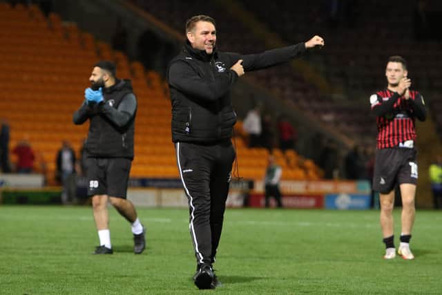 Dave Challinor, Hartlepool United Manager applauds travelling supporters during the Sky Bet League 2 match between Bradford City and Hartlepool United at the Coral Windows Stadium, Bradford on Tuesday 19th October 2021. (Credit: Will Matthews | MI News)