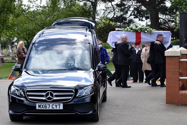 Charles Humphrey's coffin is carried into Stranton Grange Crematorium Chapel. Photo FRANK REID