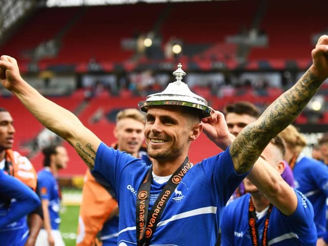 Gavan Holohan of Hartlepool United celebrates following the Vanarama National League Play-Off Final match between Hartlepool United and Torquay United at Ashton Gate on June 20, 2021 in Bristol, England. (Photo by Harry Trump/Getty Images)