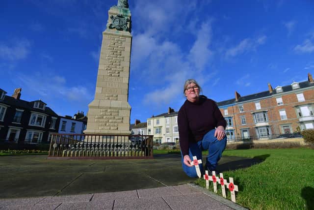 Diane Stephens laying crosses at the Redheugh Gardens, on the Headland, in preparation for the December 16 anniversary of the Bombardment of the Hartlepools.