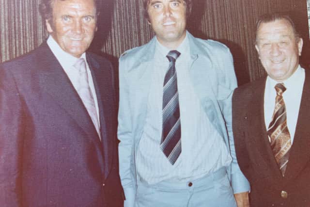 Martyn Lewis with Don Revie and Bob Paisley after he was the referee in a game between Liverpool and Al Nasr in Dubai in 1978.