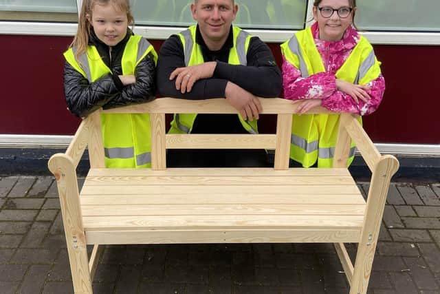 David Kpistopaitis from Fundraise & Recycle Ltd with West View Primary School pupils Eve Maiden (left) and Faith Torres.