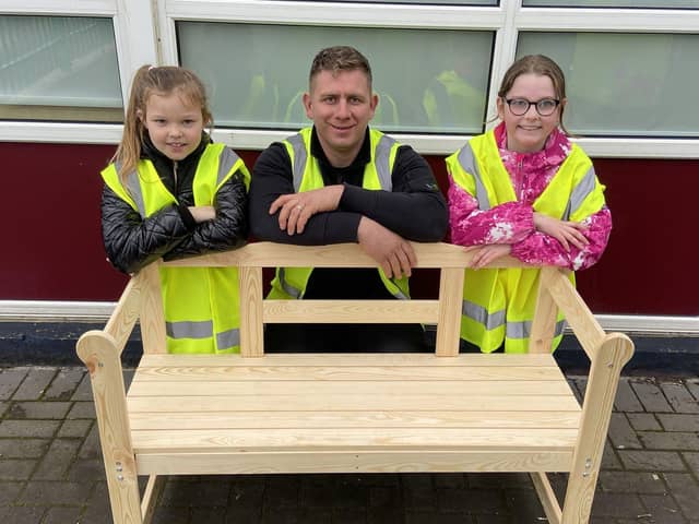 David Kpistopaitis from Fundraise & Recycle Ltd with West View Primary School pupils Eve Maiden (left) and Faith Torres.