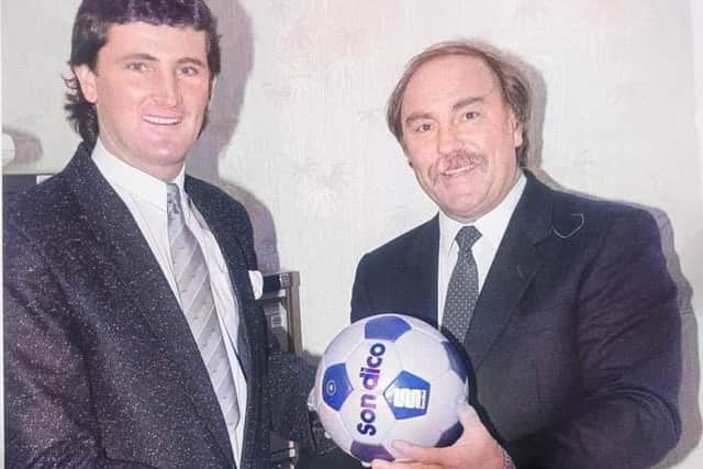 Radio DJ Paul 'Goffy' Gough (left) with Jimmy Greaves during a tour of the North East in the late Eighties.