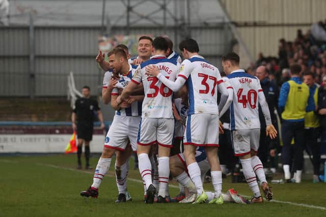 Hartlepool United's Nicky Featherstone celebrates with his team mates after scoring the equaliser against Stevenage. (Photo: Mark Fletcher | MI News)