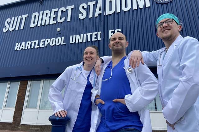 Hartlepool United supporters (left to right) Jodie Watson, Paul McSweenie and Adam Davison in their doctors fancy dress costumes, before Hartlepool United's away game against Scunthorpe United this weekend. Picture by FRANK REID