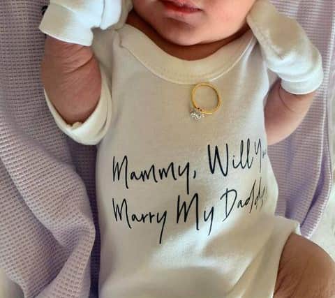 Baby Oscar - Rachel Taylor and Scott Gretton's first son with the marriage proposal baby grow and engagement ring.