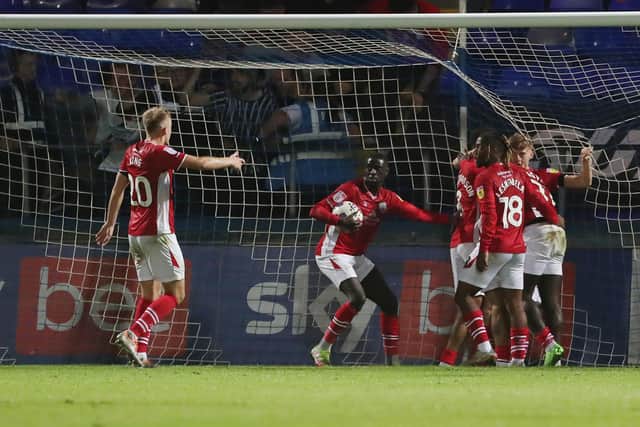 Crewe Alexandra's Daniel Agyei celebrates after scoring an equalising goal against Hartlepool United. (Credit: Mark Fletcher | MI News)