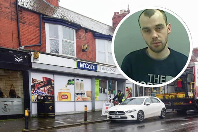 Mark Sharpe (inset) robbed McColls in Elwick Road, Hartlepool, in February last year.