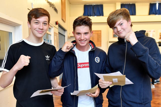 Sean Grieveson, Joe Hind and Jason Bell after they collected their GCSE results at High Tunstall College of Science in 2018.