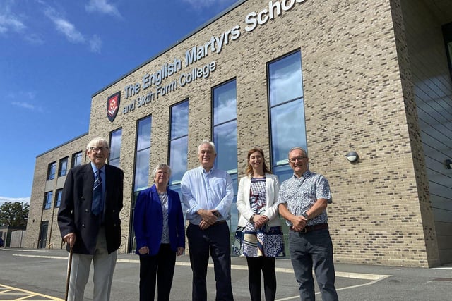 Left to right: David Relton (former headteacher), Dame Maura Regan (Founding BHCET Trust CEO), Mike Shorten (BHCET Trust CEO), Sara Crawshaw (headteacher) and Michael Lee (former headteacher) at The English Martyrs Catholic School & Sixth Form College 50th anniversary in 2023.