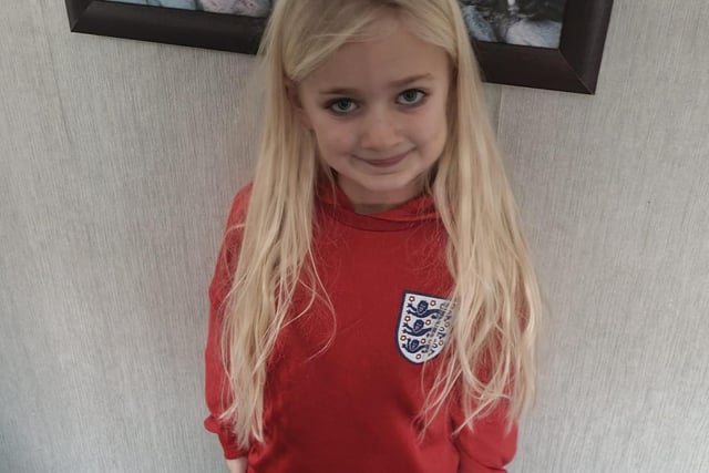 Bethany, age 7, in classic England colours.