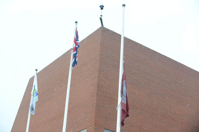 A flag flies at half mast outside Hartlepool Civic Centre following the death of Mayor Cllr Brenda Loynes.