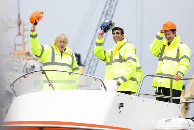 Prime Minister Boris Johnson, Chancellor Rishi Sunak, and PD Ports’ CEO Frans Calje.