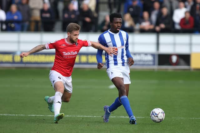 Timi Odusina of Hartlepool United in action during the Sky Bet League 2 match between Salford City and Hartlepool United at Moor Lane, Salford on Saturday 16th October 2021. (Credit: Will Matthews | MI News)