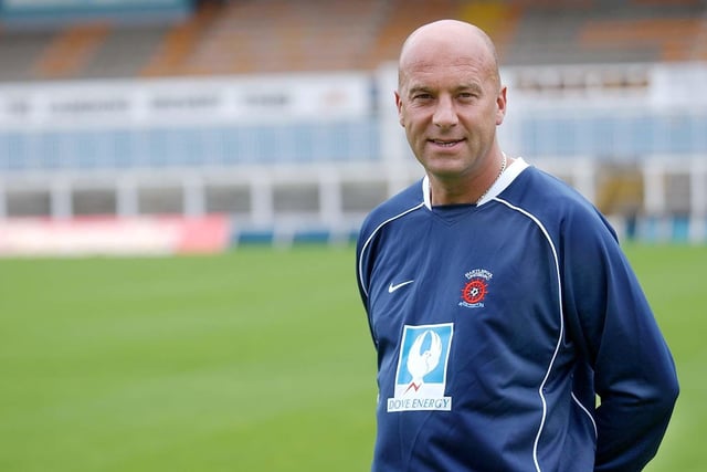 The much-missed Neale Cooper modelled Hartlepool United's new strip at Victoria Park in 2004.
