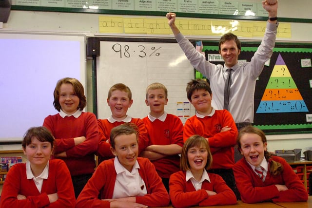 Sacred Heart Primary School celebrated after coming top in Hartlepool for its Key Stage 2 exam results in 2012.. Pictured celebrating with teacher Tom Adams were, rear, from left, Josh Murray, Matthew Brown, Jacob Crannage and Adam Linsel. Front, from left, Kristen Neal, Chloe Wade, Mia Mottram and Franceca Snowdon.