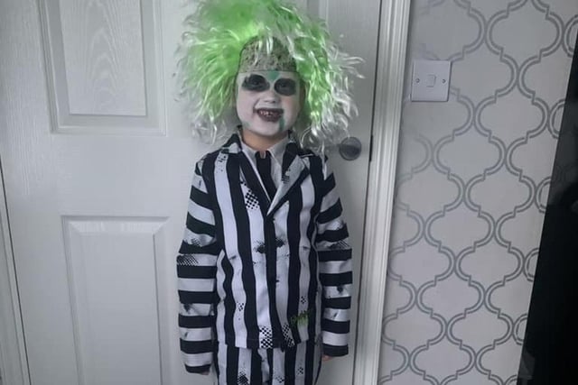Six-year-old Roman decided to dress up as Beetlejuice for Halloween.