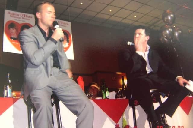 Paul Gough shares the stage with Alan Shearer during a fundraising event in memory of Goffy's sister Angela O'Hara.