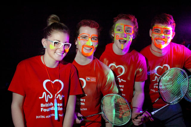 Students from Hartlepool Sixth Form College don glow-in-the-dark face paint and play badminton in the dark to raise funds for the British Heart Foundation as part of its Rock up in Red day. Pictured are Rebecca Dixon, Marcus Turnbull, Chris Hopkinson and Mathew Harland.