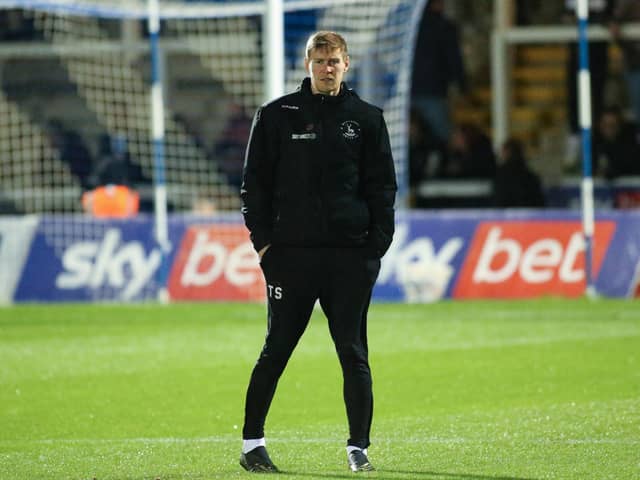 Manager Anthony Sweeney during the Sky Bet League 2 match between Hartlepool United and Newport County at Victoria Park, Hartlepool on Friday 12th November 2021. (Credit: Michael Driver | MI News)