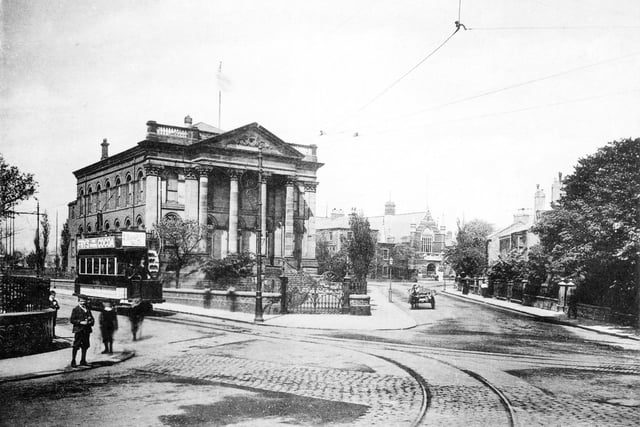 The Wesley chapel pictured in its heyday, resplendent with flag flying from the roof. The Grand Hotel had not been built when this photograph was taken dating it to pre 1899.
To the right of the picture is Fountain Terrace. In the distance is the West Hartlepool Technical College.
