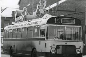The Hartlepool Corporation Transport bus with Santa and reindeers on its roof.