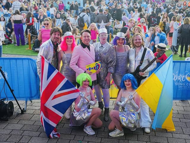 Dan Westwood (pink jacket) with Eurovision fans at the BBC party in Darlington on Saturday.